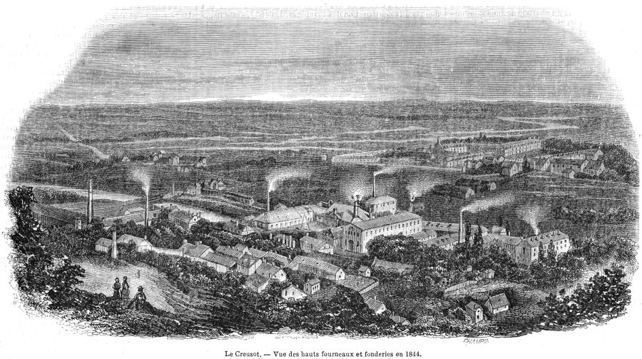 Le Creusot - Vue des hauts fourneaux et fonderie en 1844